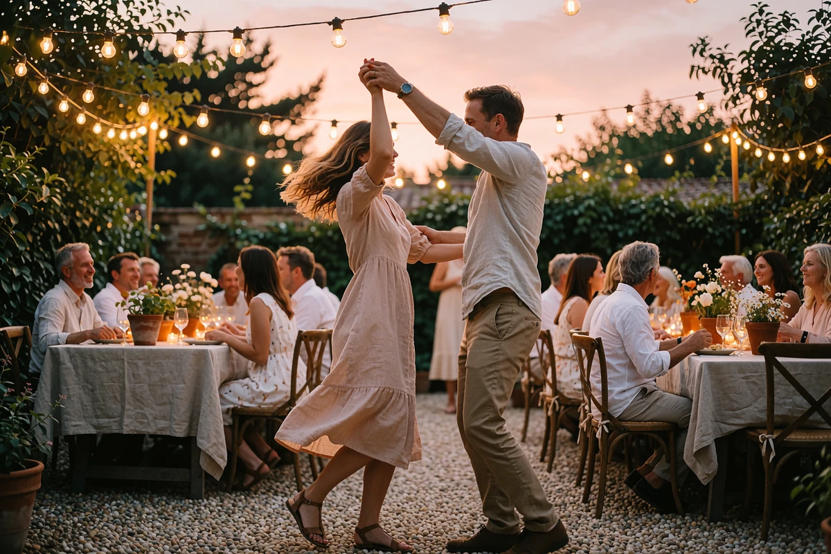 Couple dancing a joyful turn at a family courtyard gathering at dusk, sharing Latin music and dance