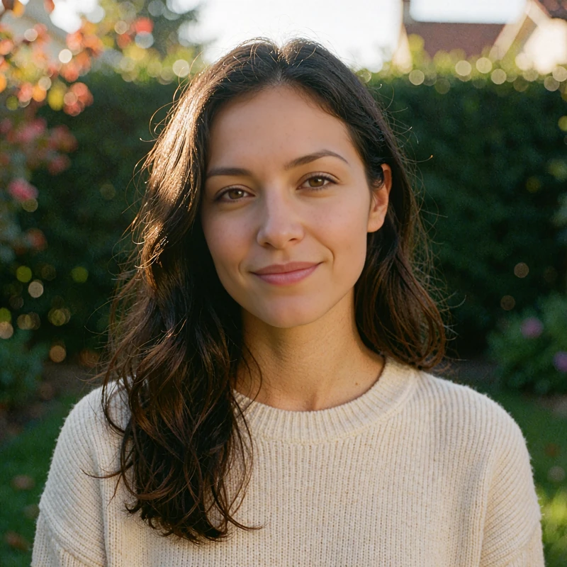 Smiling woman with long dark wavy hair in a cream sweater by a garden hedge, sample Latina dating profile photo