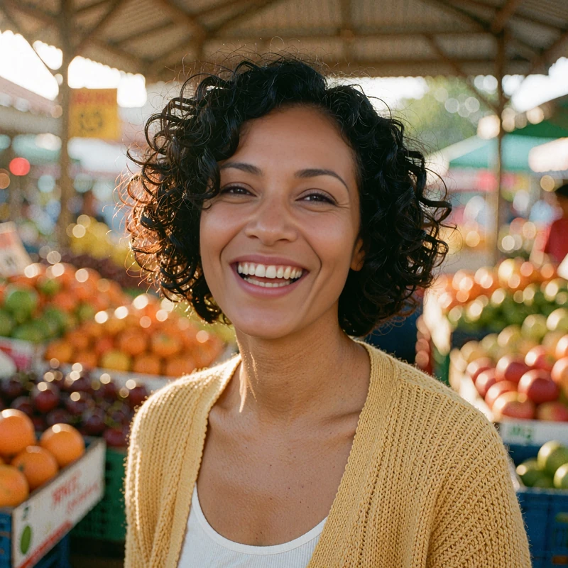 Laughing woman with a curly black bob in a mustard cardigan at a fruit market, sample singles profile card