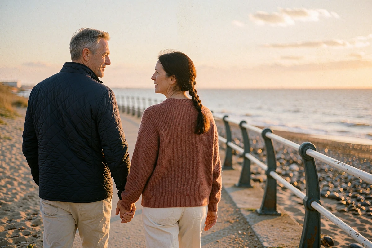 Mature couple walking hand in hand along a seaside promenade at sunset, a hopeful picture of dating after 50