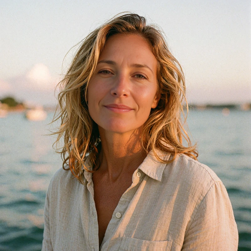 Woman with caramel hair in a beige linen shirt at a waterfront at dusk, illustrative profile for Latin dating
