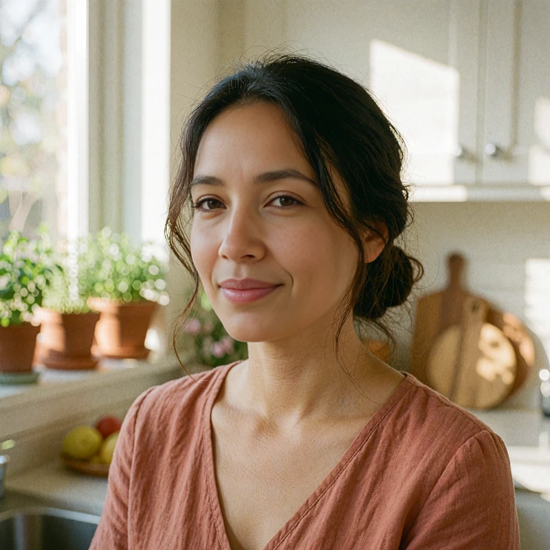 Woman with dark hair in a low bun and terracotta top in a sunny home kitchen, sample profile of a family-minded single