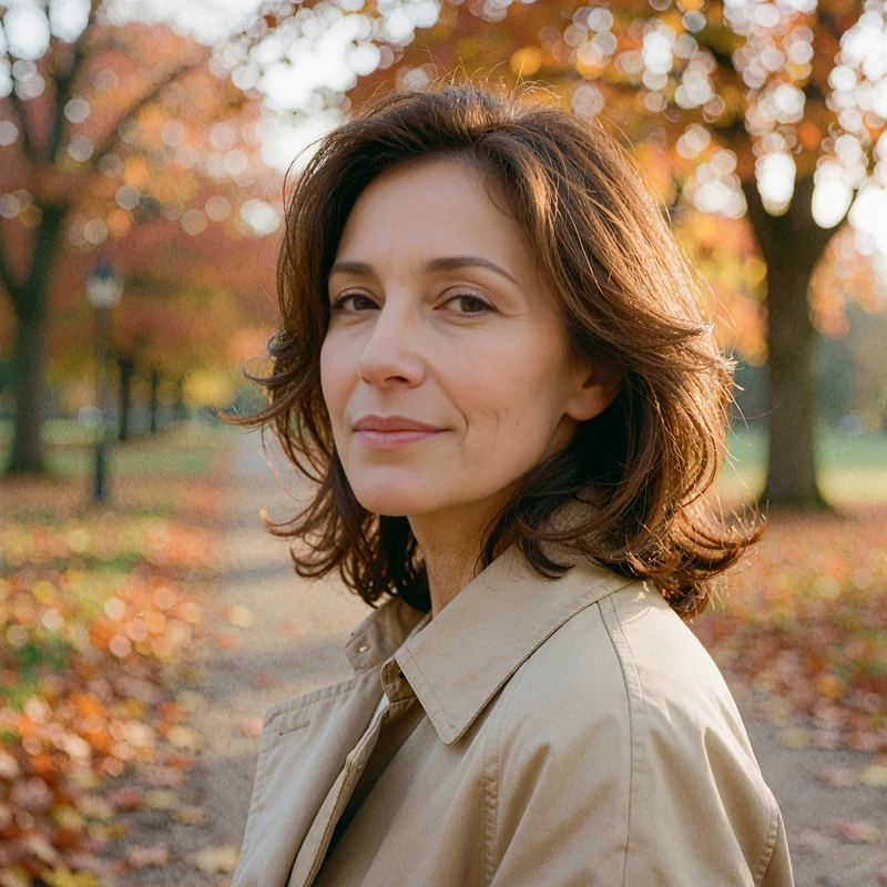 Elegant woman in her forties wearing a beige trench coat in an autumn park, illustrative profile for mature dating