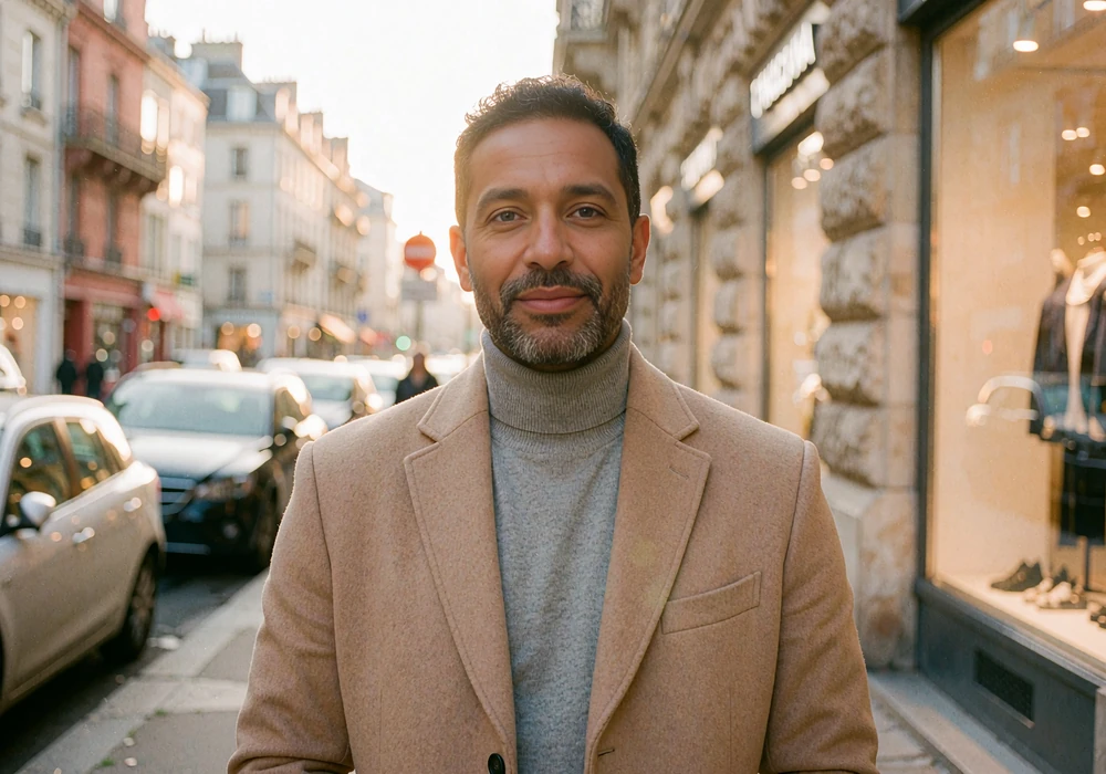 Bearded man in his early forties in a camel overcoat on a city street, illustrative photo for a serious dating story
