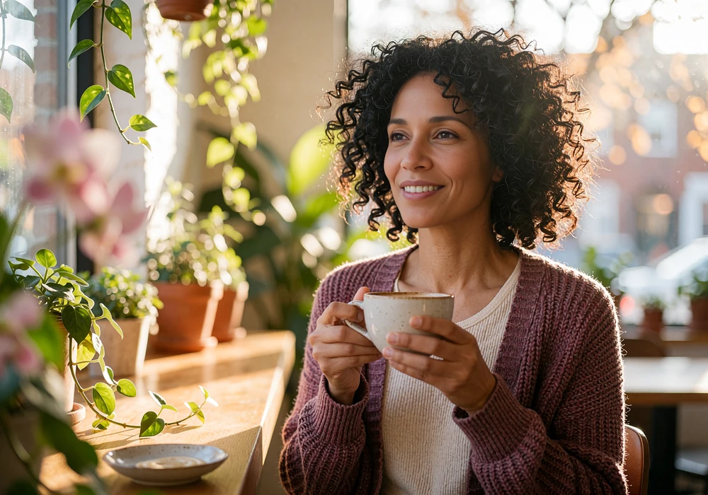 Smiling woman with curly dark hair holding coffee in a plant-filled cafe, illustrative example of a bilingual single