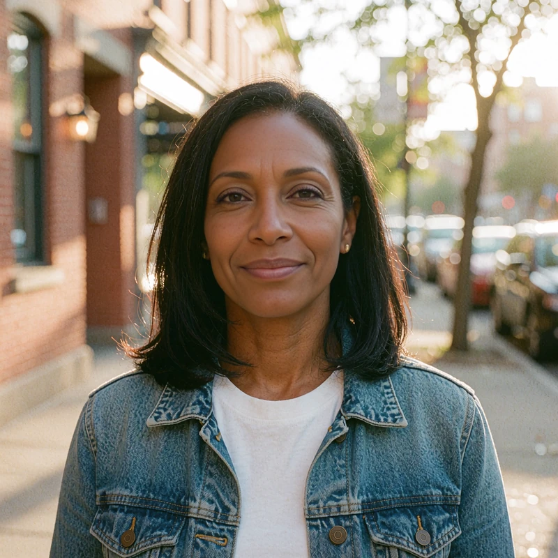 Confident woman around forty in a denim jacket on a sunny city street, model photo for a sample dating profile