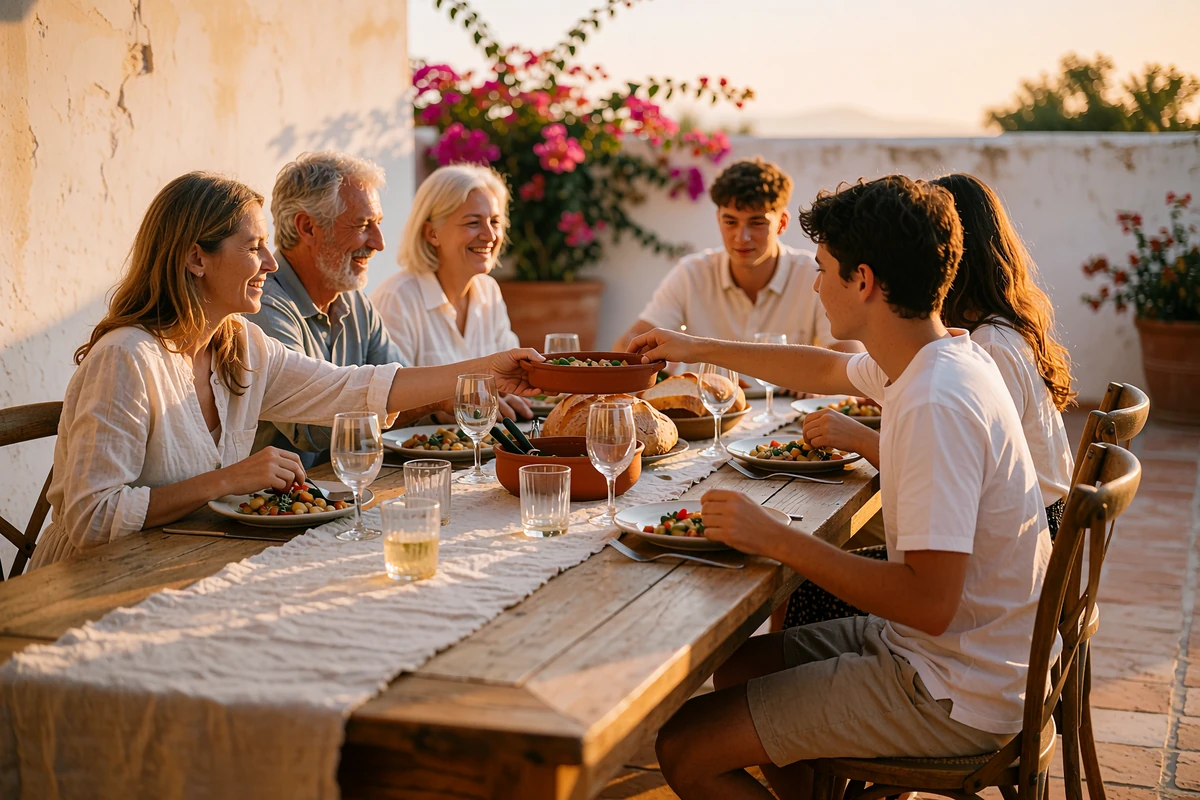 Multi-generational family sharing an evening meal at a wooden table in a sunny courtyard, showing Latin family values