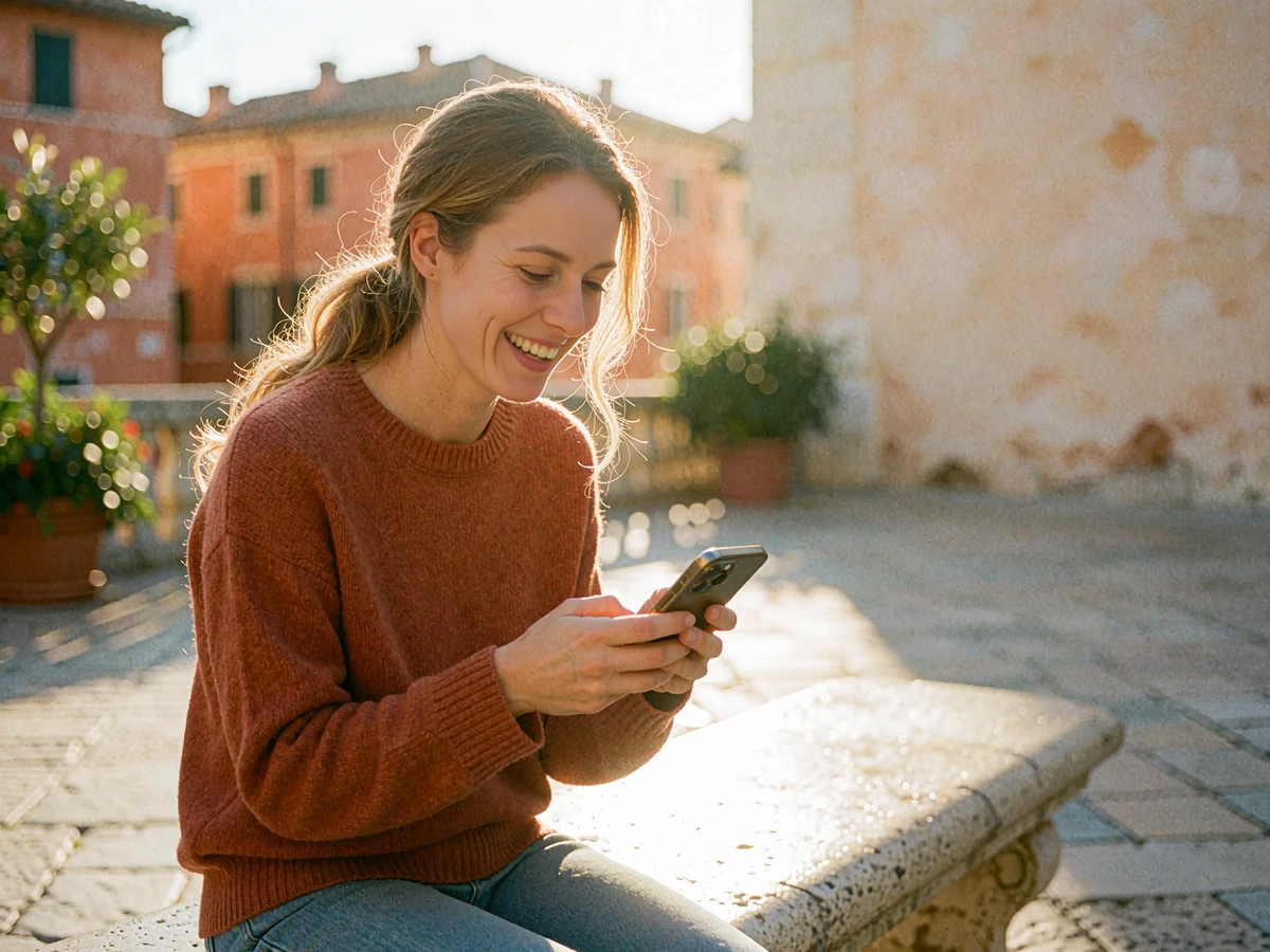 Woman in a rust-orange sweater laughing at her phone on a sunny plaza bench, enjoying an easy first chat with a dating match