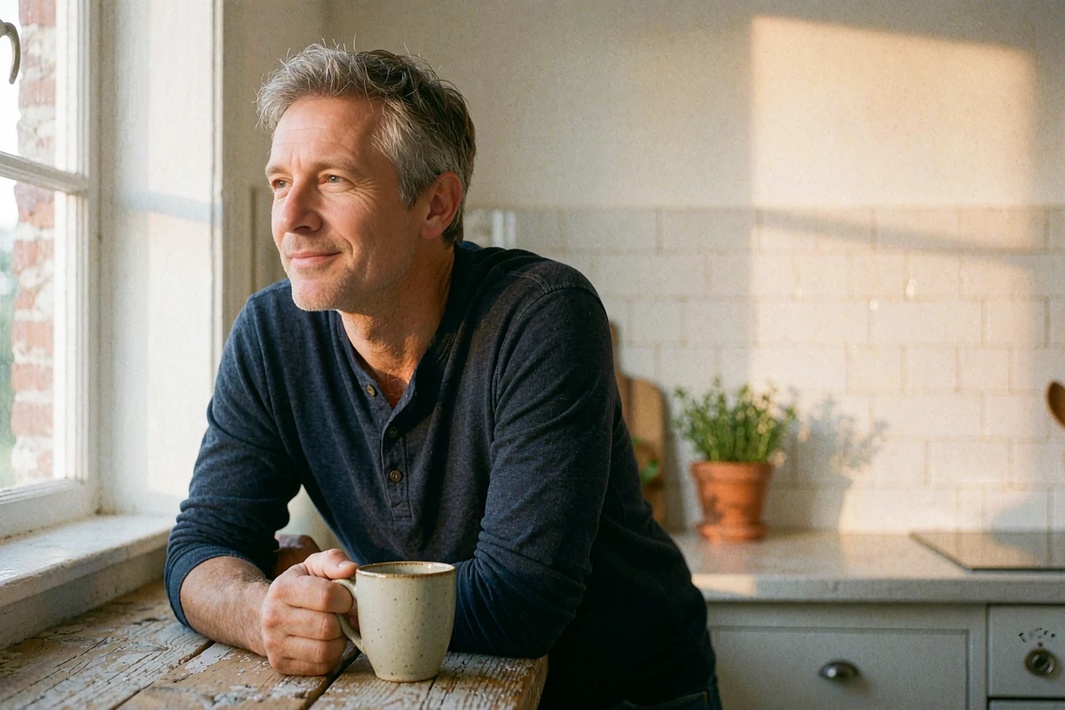 Man in a navy henley holding a coffee mug by a bright kitchen window, thinking about which Latin dating site fits